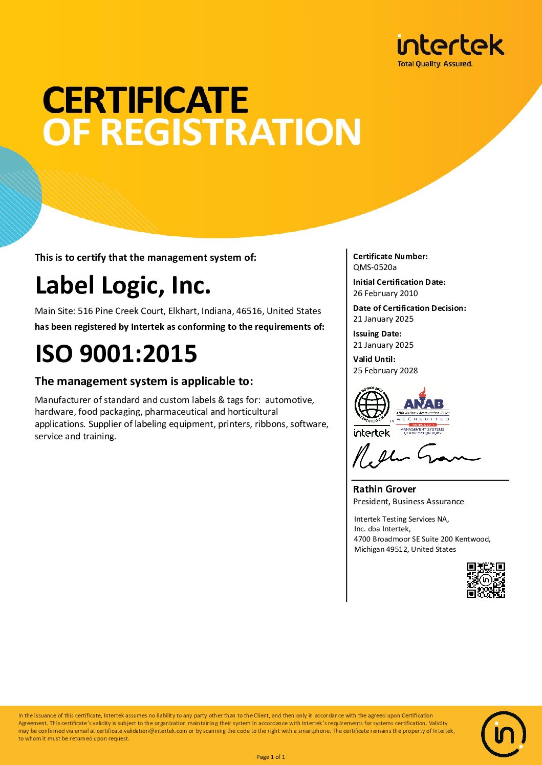 Label Logic is !SO 9001:2015 certified and is registered by Intertek